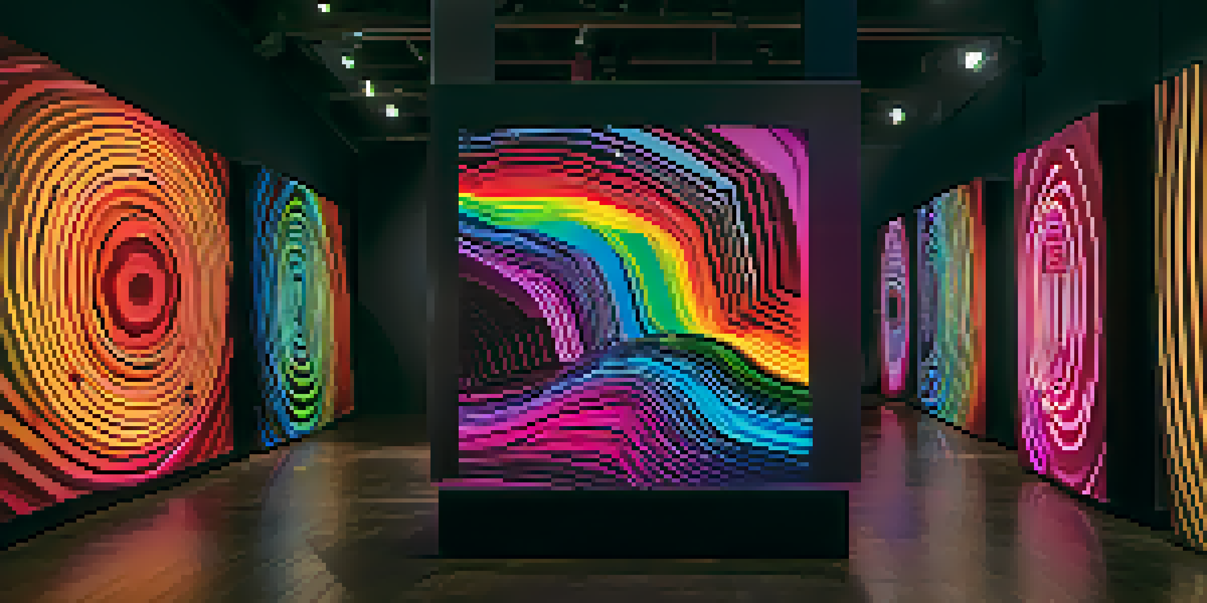 A dark room filled with colorful visual sound waves, illuminated by soft ambient light, featuring speakers and audio equipment.