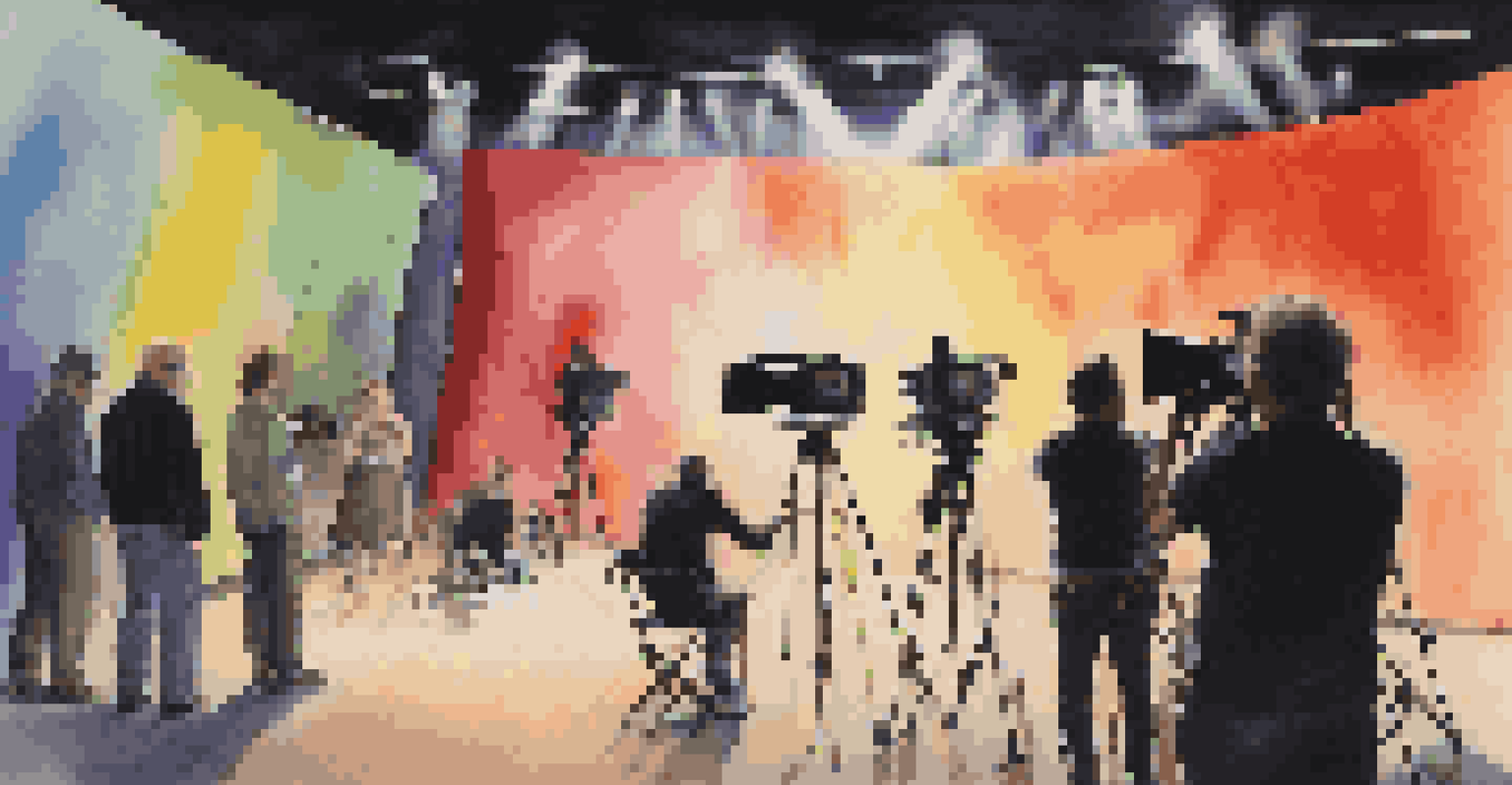 A film set showcasing a performance art piece being recorded with colorful lighting and film equipment.