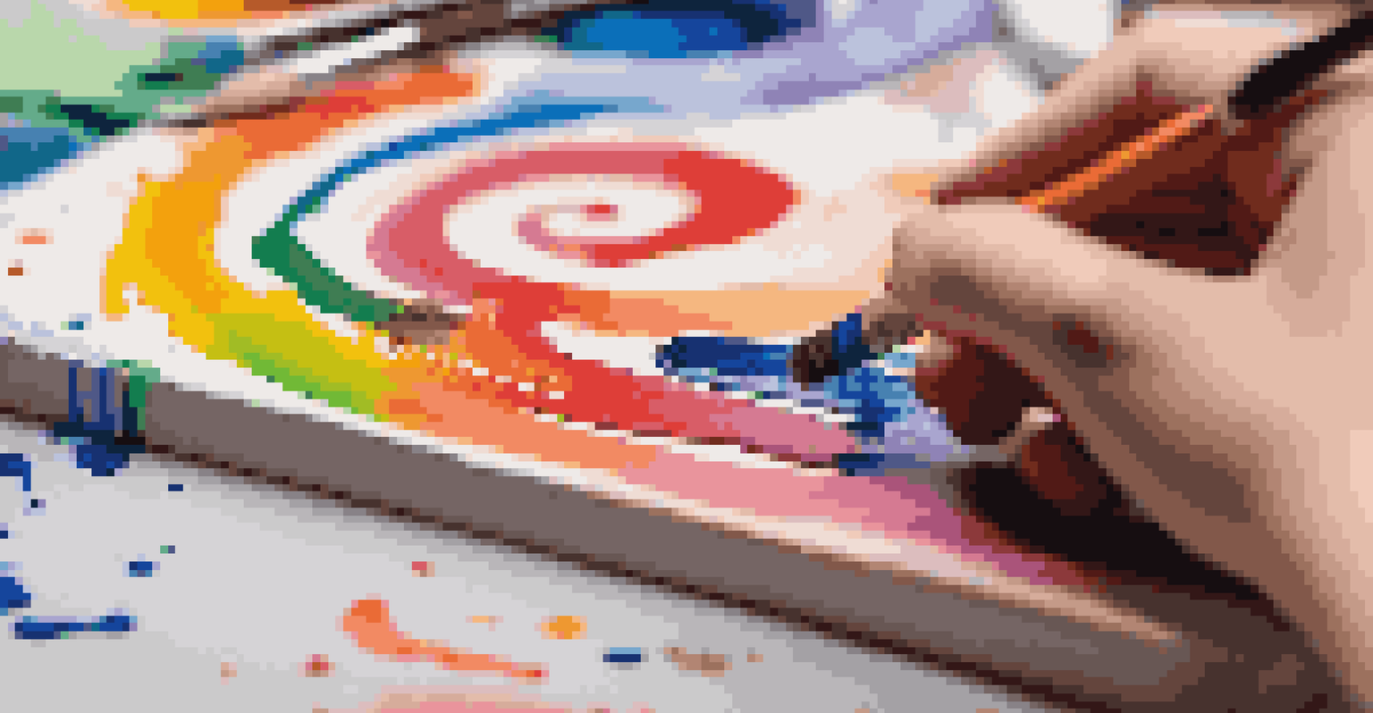 A close-up image of a student's hands painting on a canvas with vibrant colors, set against a blurred art studio background.