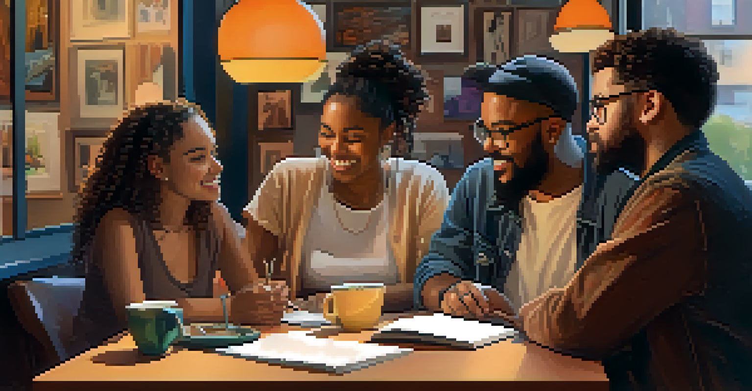 A group of diverse artists in a coffee shop, discussing projects while surrounded by their sketchbooks and laptops.