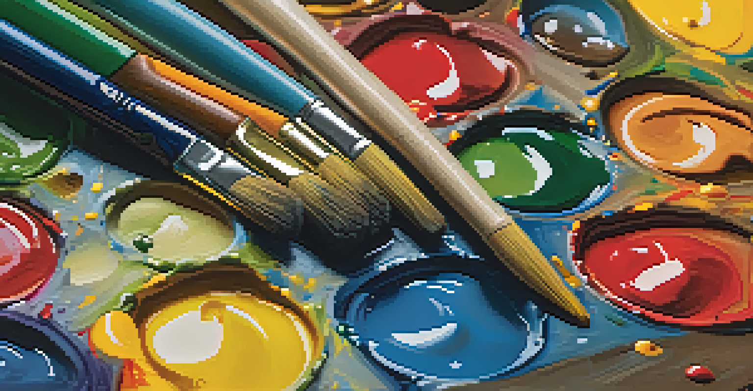 A close-up of an artist's palette with a variety of colorful paints and brushes, emphasizing creativity.