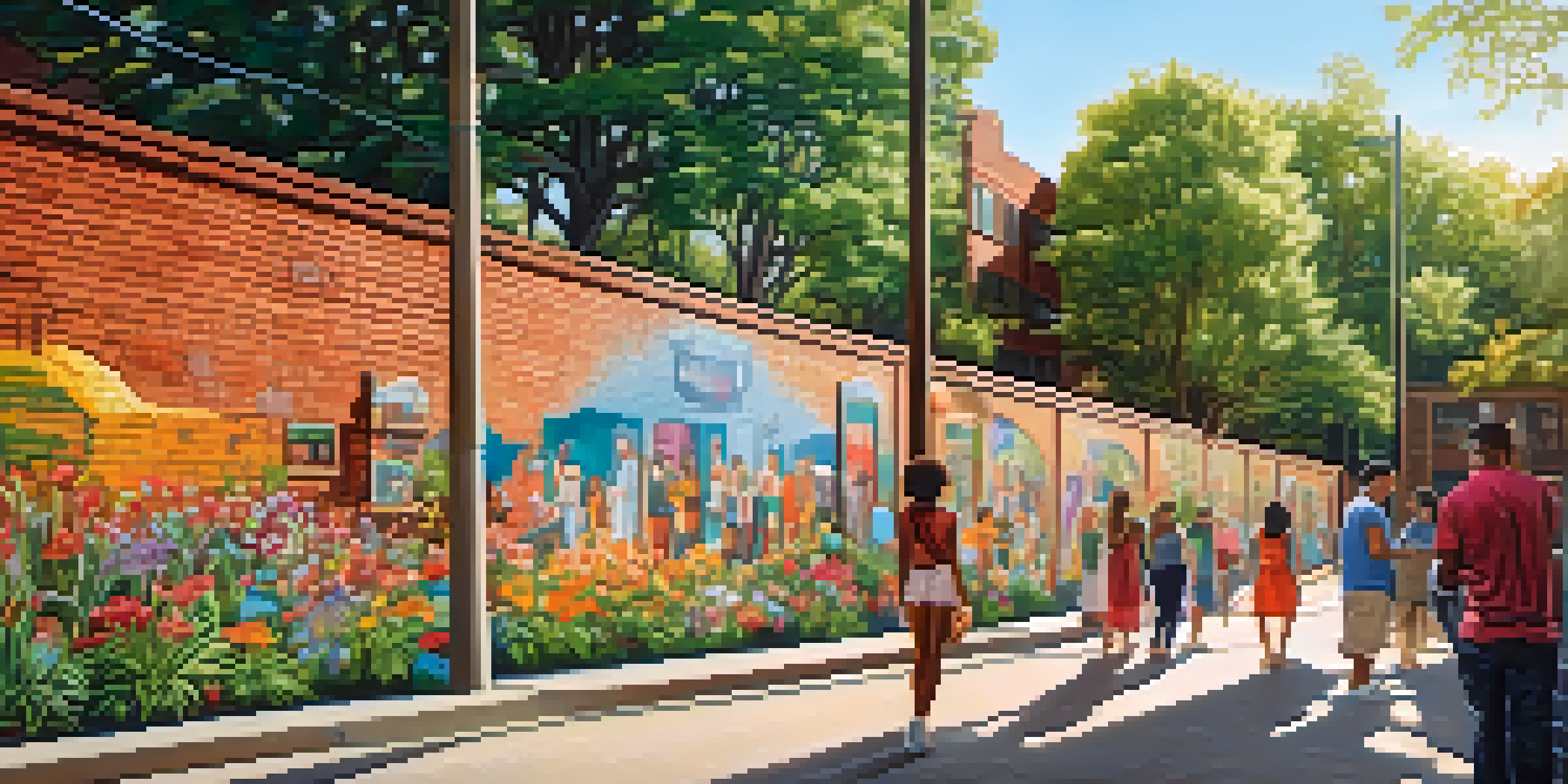 A colorful mural depicting community life on a brick wall, with diverse people interacting in a sunny urban setting filled with greenery and flowers.