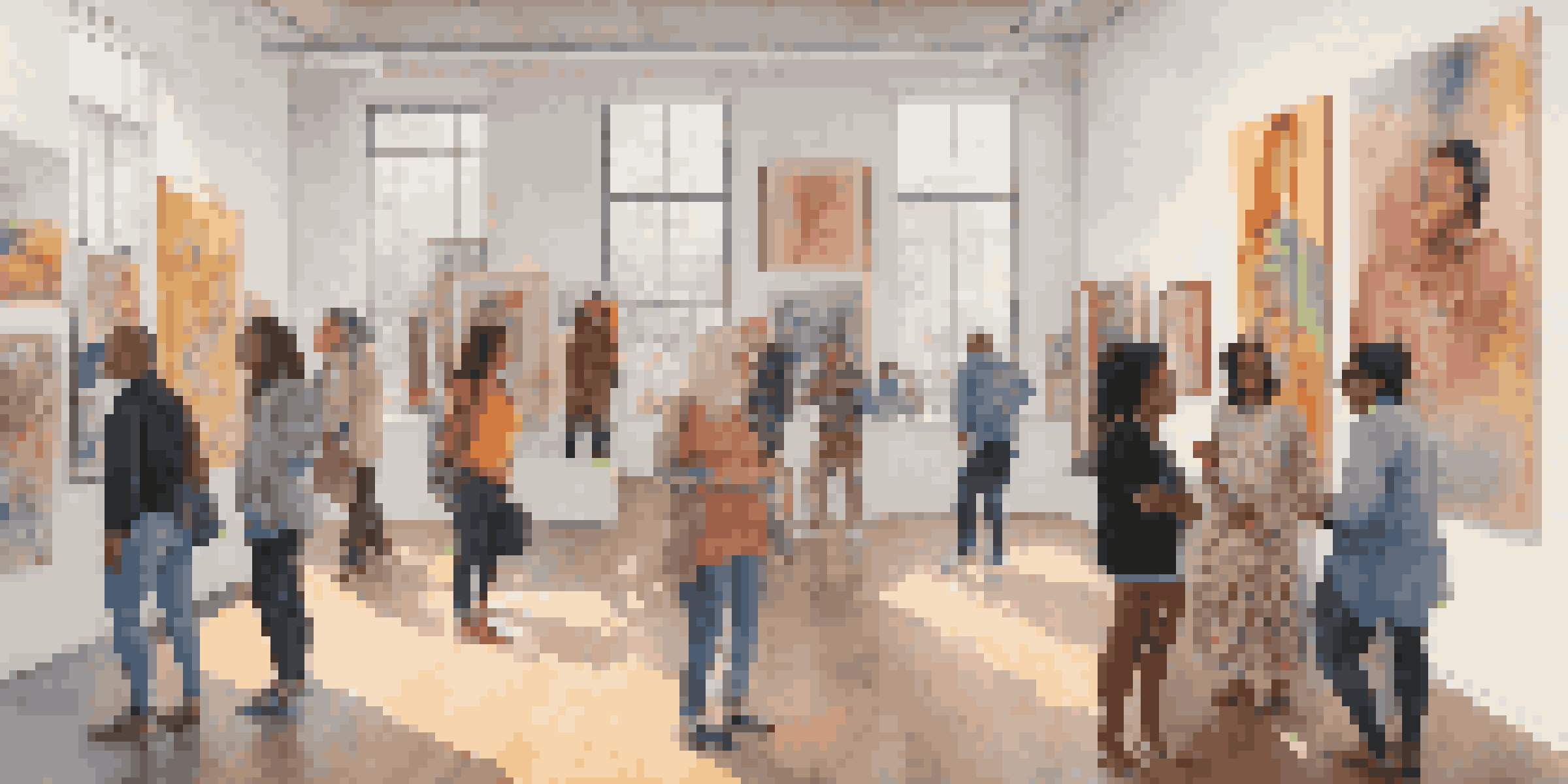 A diverse group of people in a gallery setting, looking at colorful contemporary art that celebrates gender identities.