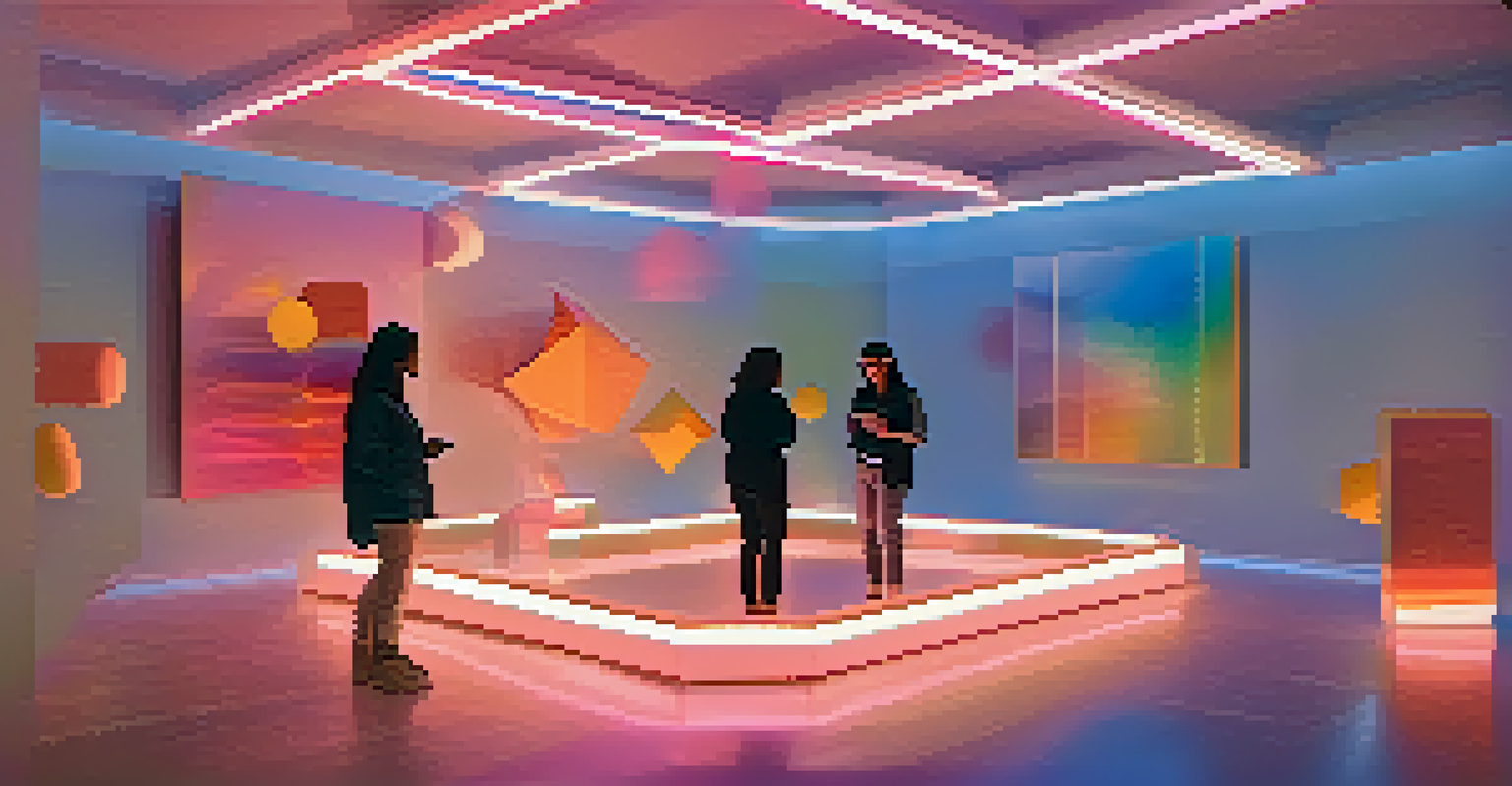 A virtual reality art installation with floating geometric shapes that change colors, creating an immersive experience.