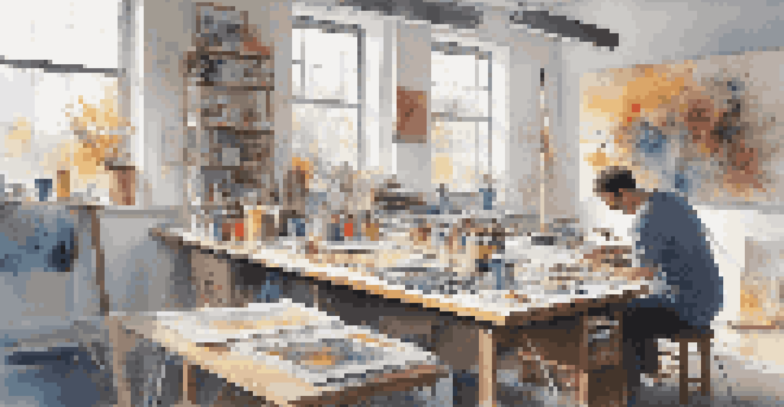 An artist in a modern studio with natural light, surrounded by paints, canvases, and digital tablets, working on a mixed media piece.