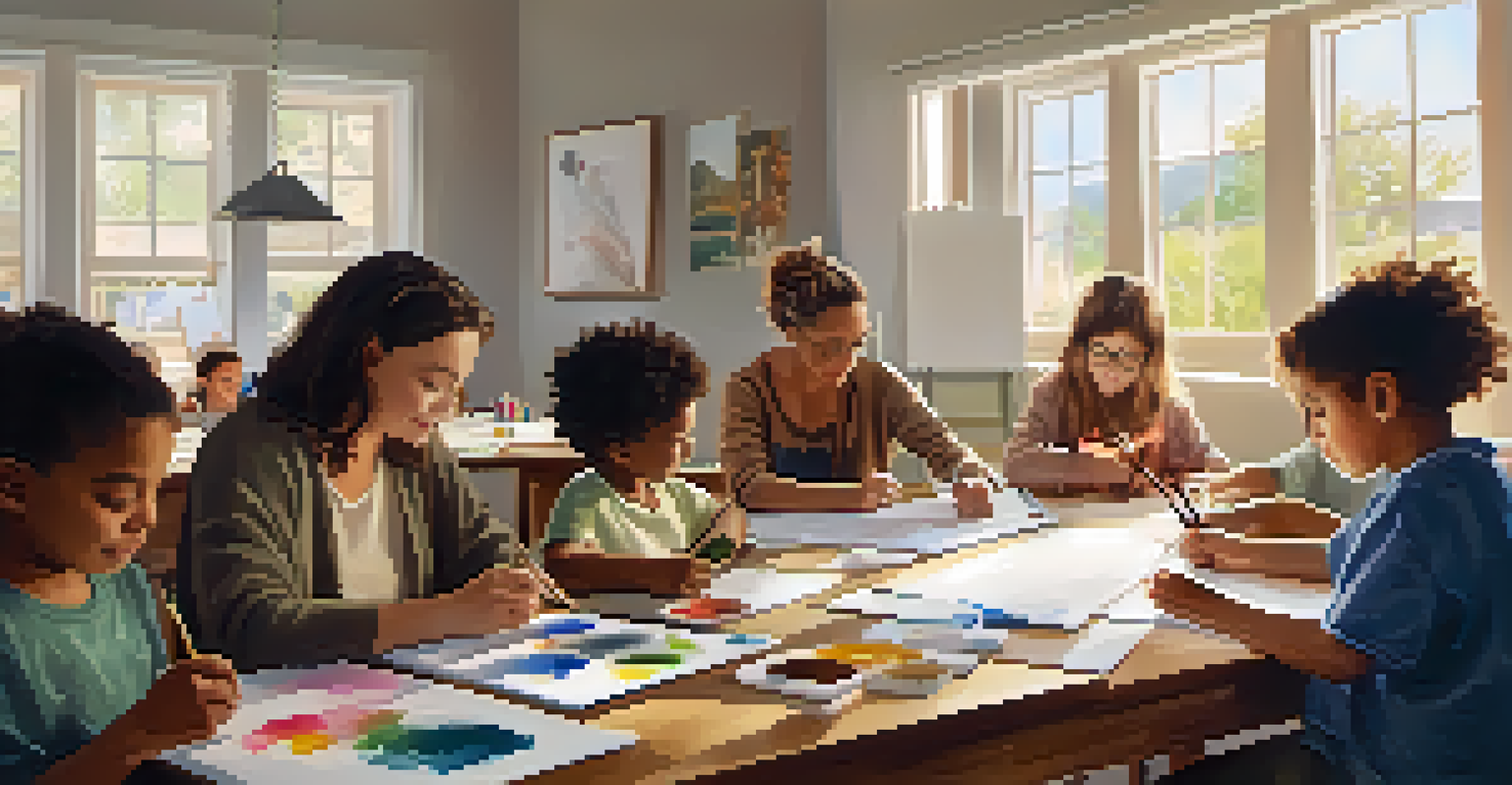 A warm and inviting art therapy workshop with people of different ages creating art at tables, illuminated by soft natural light.