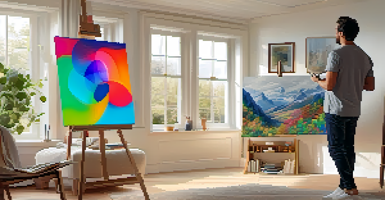 An artist using a tablet to visualize augmented reality animations over a painting in a cozy living room.