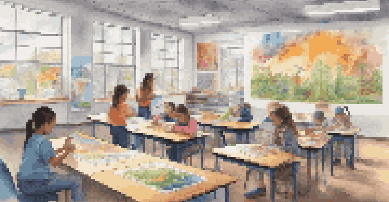 Students in a classroom creating posters about air quality with the guidance of an artist, showcasing their artwork on the walls.
