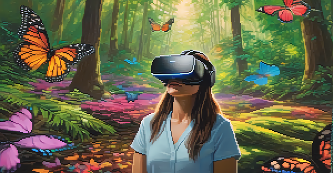 A patient in a VR headset sitting in a peaceful forest, surrounded by butterflies and streams, representing tranquility and emotional healing.