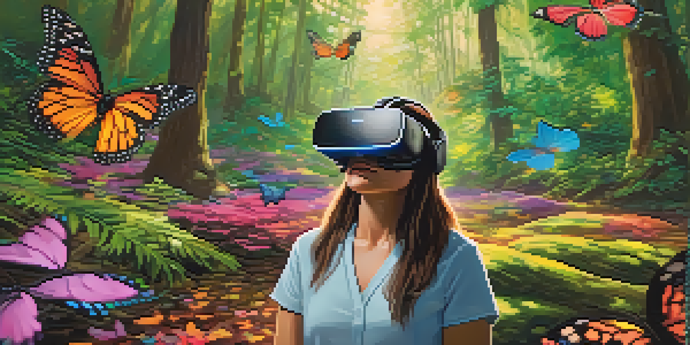 A patient in a VR headset sitting in a peaceful forest, surrounded by butterflies and streams, representing tranquility and emotional healing.