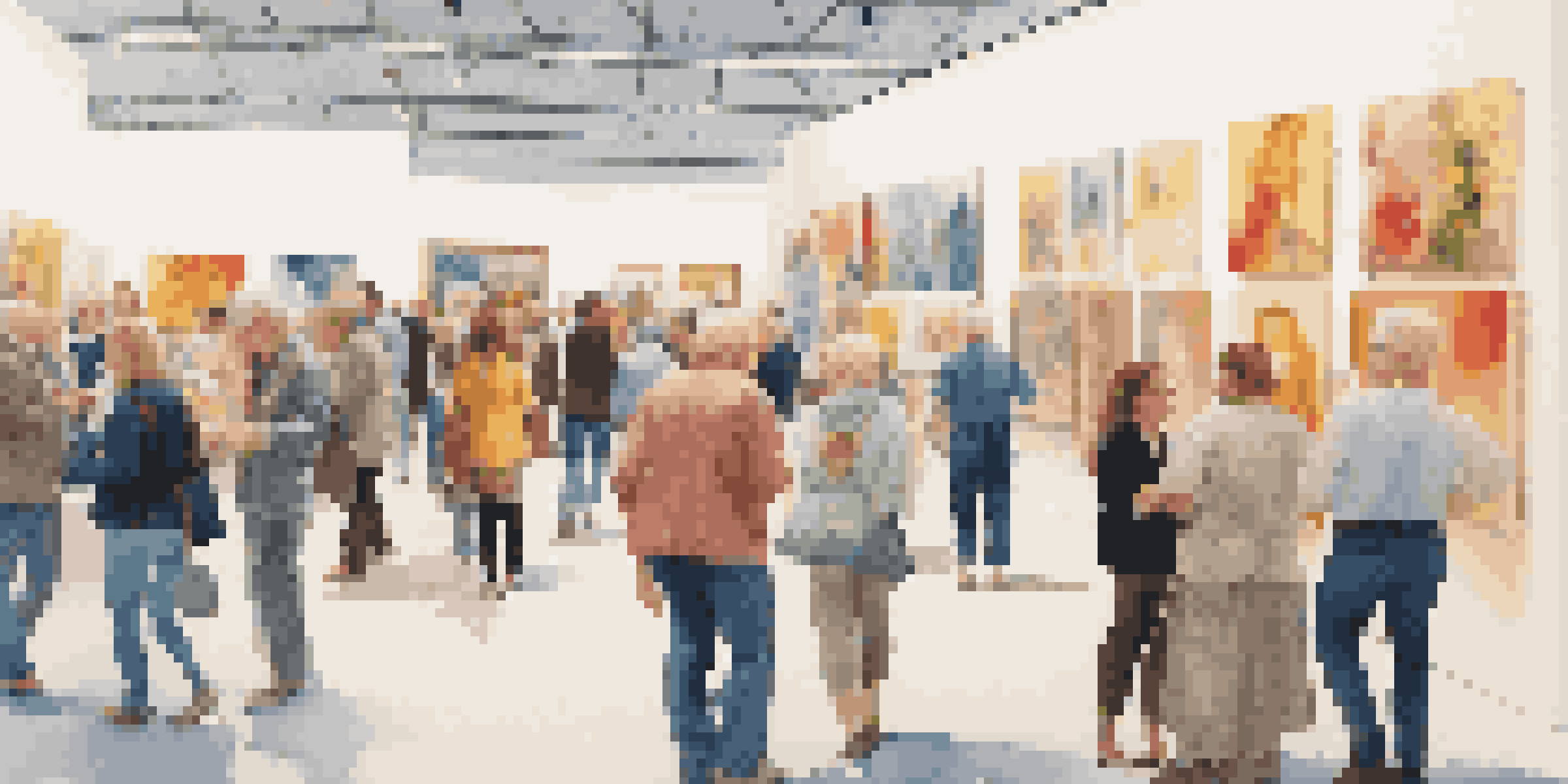 A lively art fair with people interacting and colorful artworks on display in a bright gallery setting.