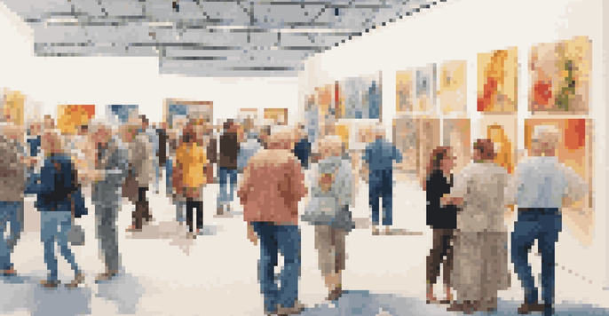 A lively art fair with people interacting and colorful artworks on display in a bright gallery setting.