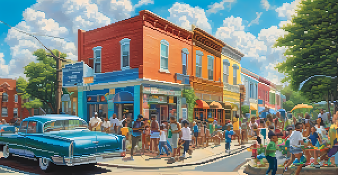 A colorful mural illustrating the history and culture of a neighborhood, with diverse people and nature.