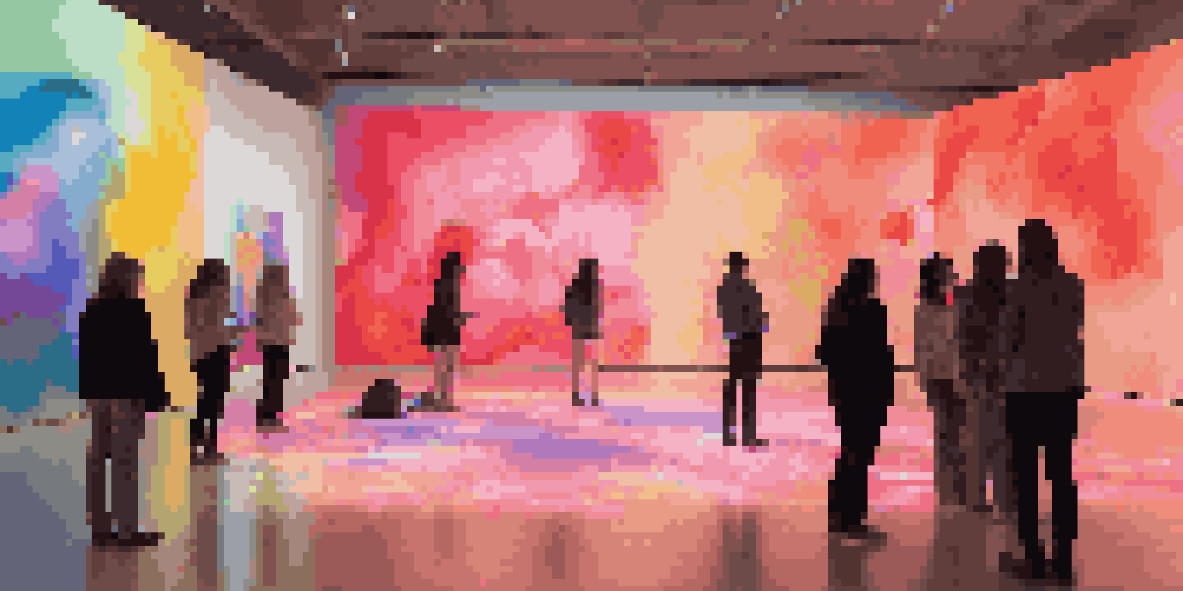 A lively gallery filled with colorful projections and visitors interacting with the art installations.