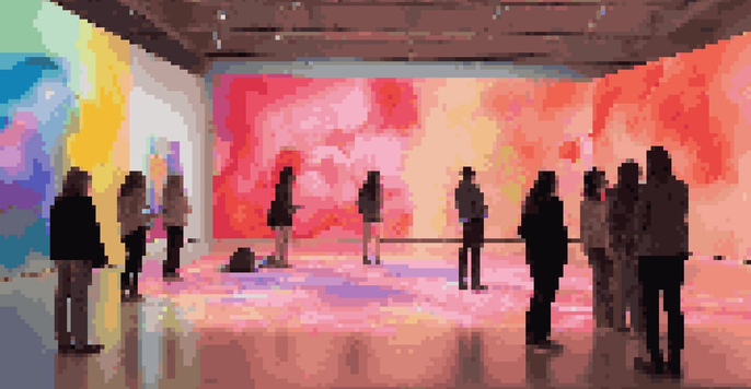 A lively gallery filled with colorful projections and visitors interacting with the art installations.
