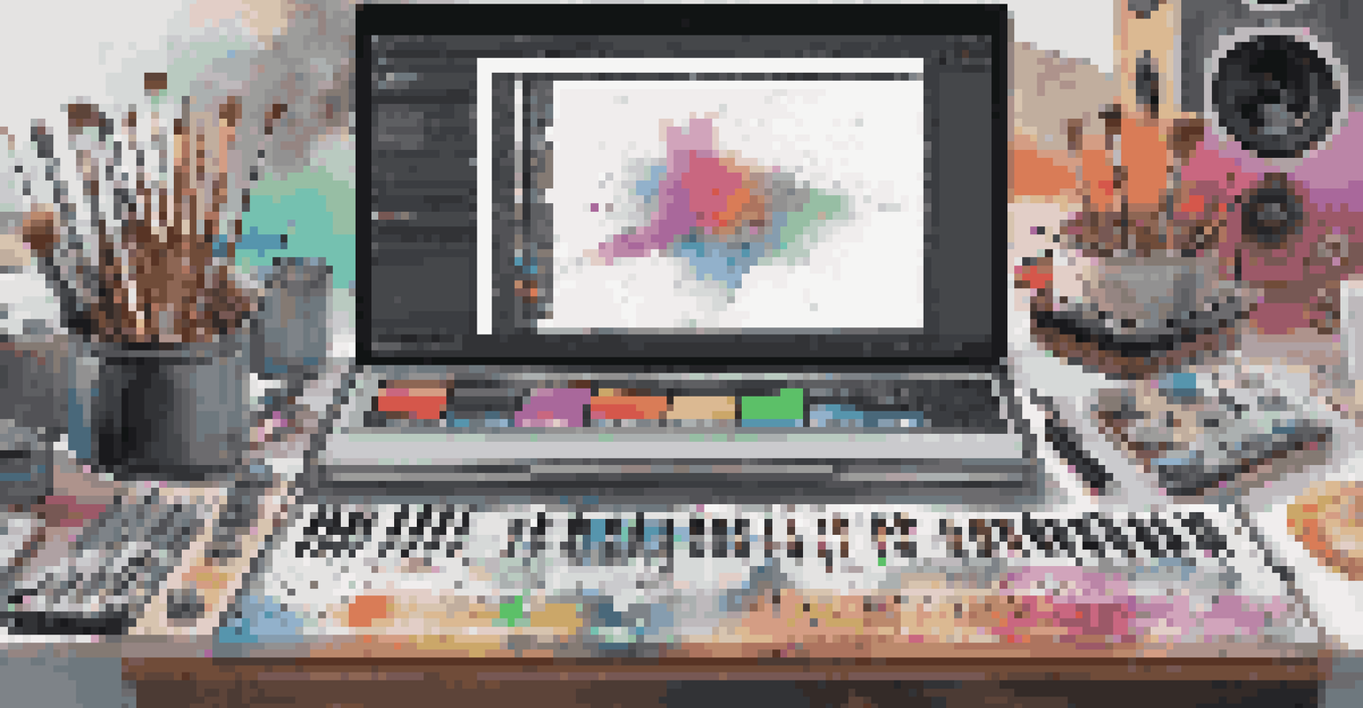 A close-up of a digital audio workstation with art supplies, highlighting the blend of music technology and visual artistry.
