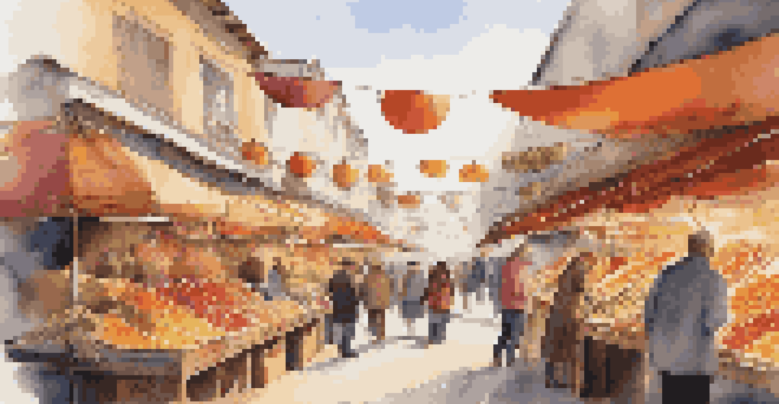 A lively marketplace scene with colorful stalls and shoppers, enhanced by visual soundwaves representing the vibrant sounds of the market.