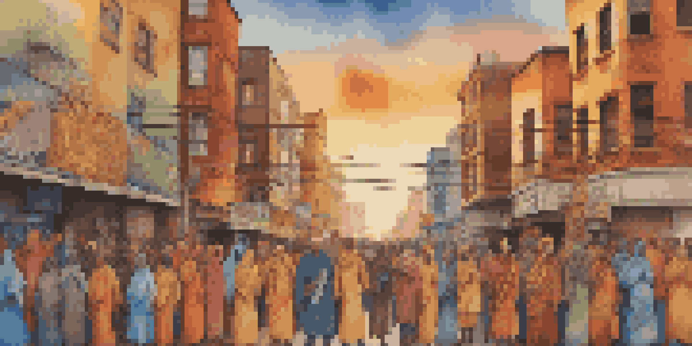 A colorful street mural showing diverse individuals standing together in solidarity against a sunset cityscape.