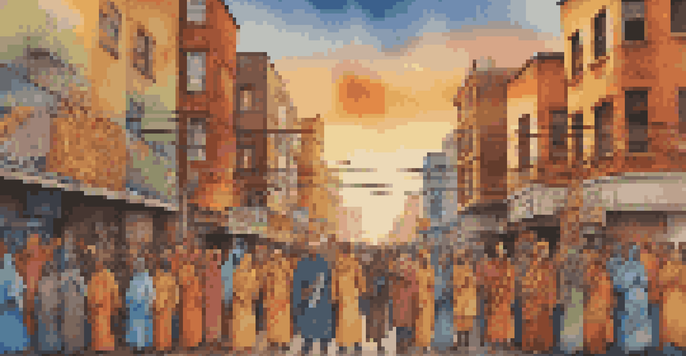 A colorful street mural showing diverse individuals standing together in solidarity against a sunset cityscape.