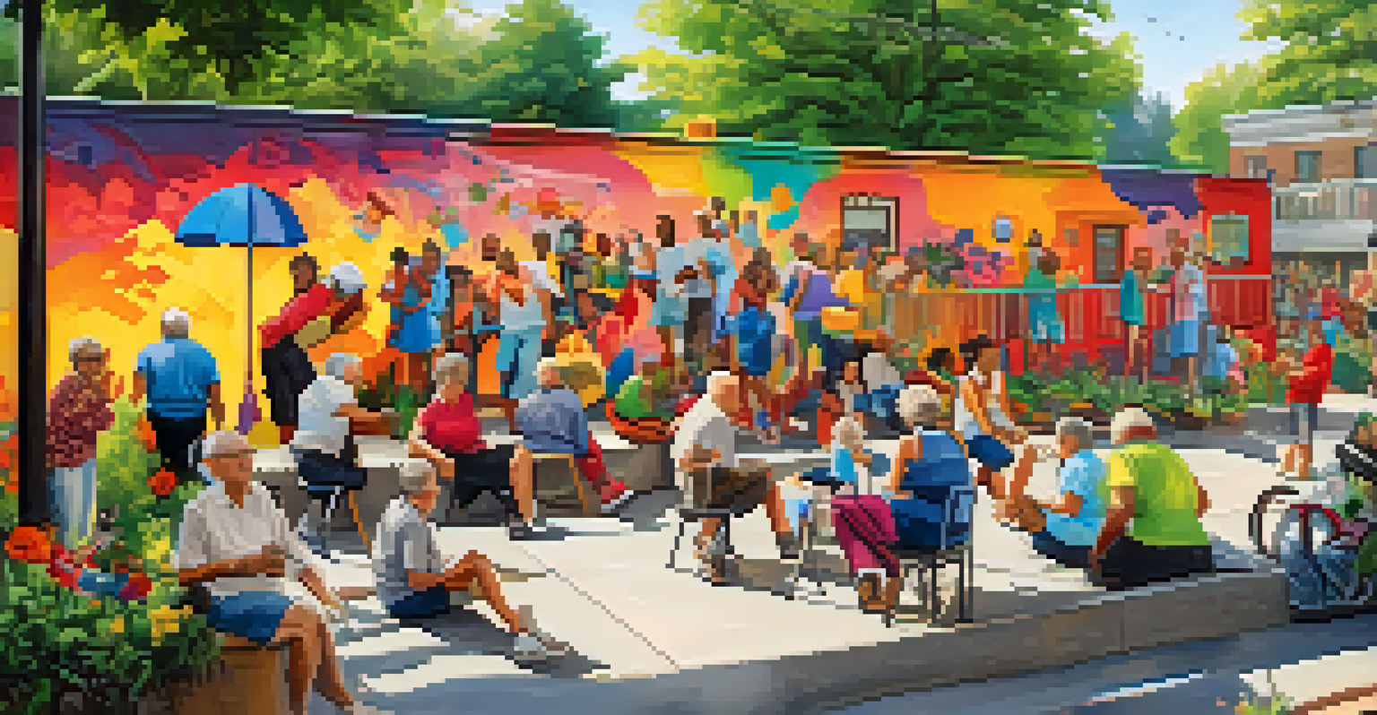 A colorful mural created by older artists, depicting diverse individuals engaged in joyful activities in an outdoor urban space.