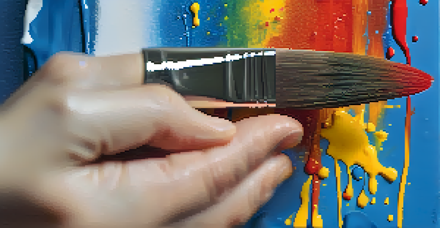 A close-up of a hand holding a paintbrush above a colorful canvas with drips of paint.