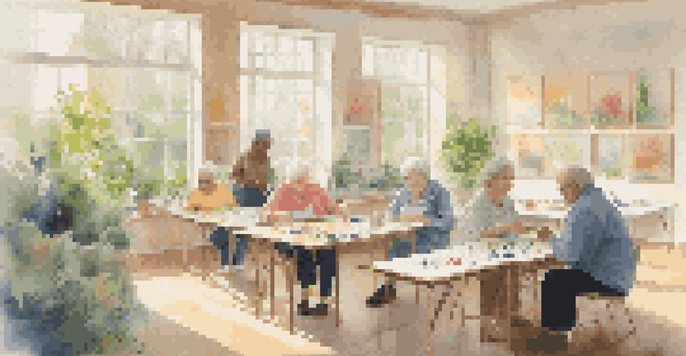 A bright art therapy room where patients are painting on canvases, with plants and colorful artwork around them.