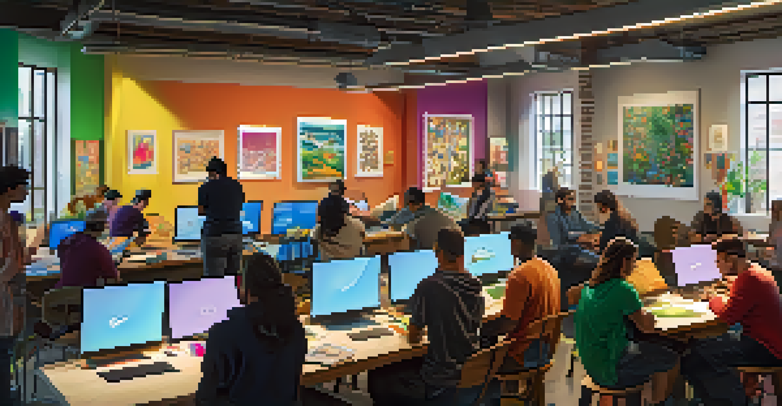 A diverse group of people in a workshop, collaborating on digital art preservation with colorful posters around them.