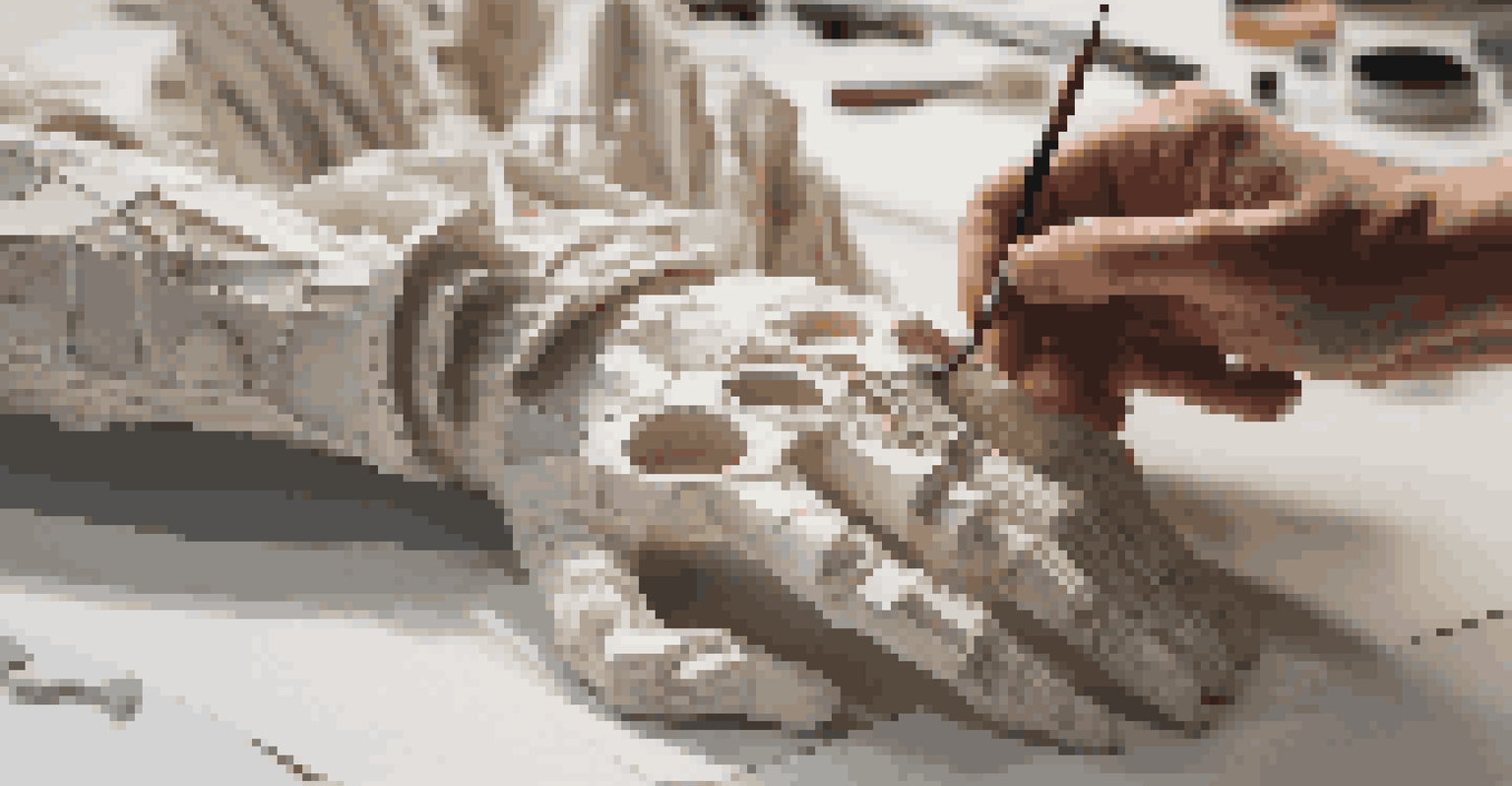 An artist's hands crafting a 3D-printed sculpture about identity, with tools and materials visible in a well-lit workspace.