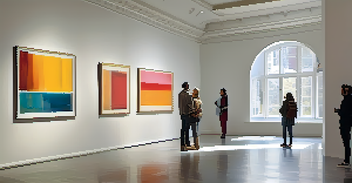 A bright art gallery with large windows, abstract paintings on the walls, and visitors engaging in conversation.