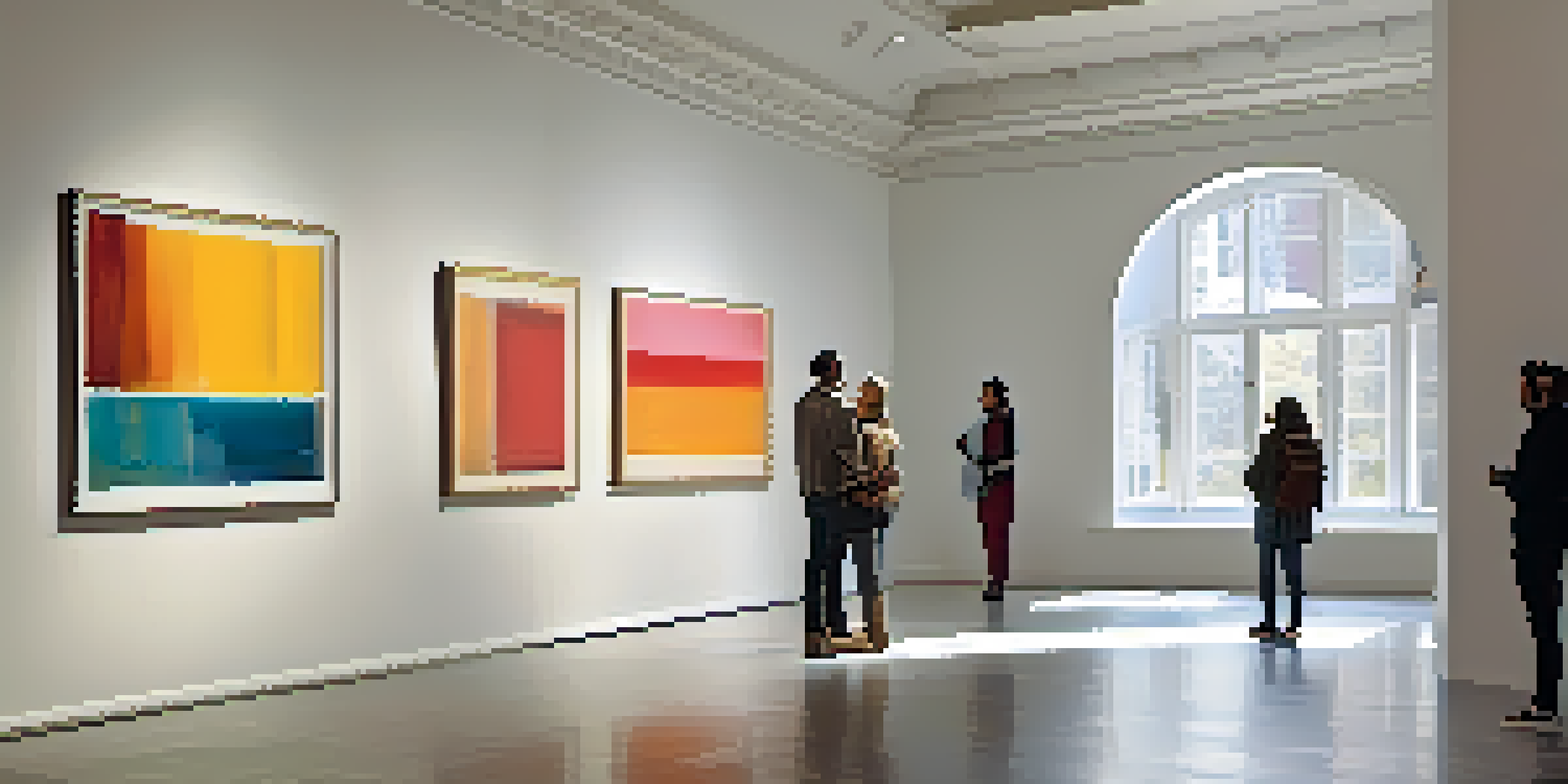 A bright art gallery with large windows, abstract paintings on the walls, and visitors engaging in conversation.