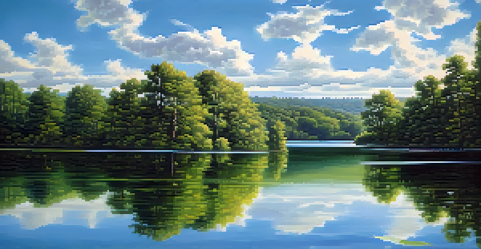 A peaceful landscape with a lake reflecting trees and clouds, surrounded by green forests and a clear blue sky.