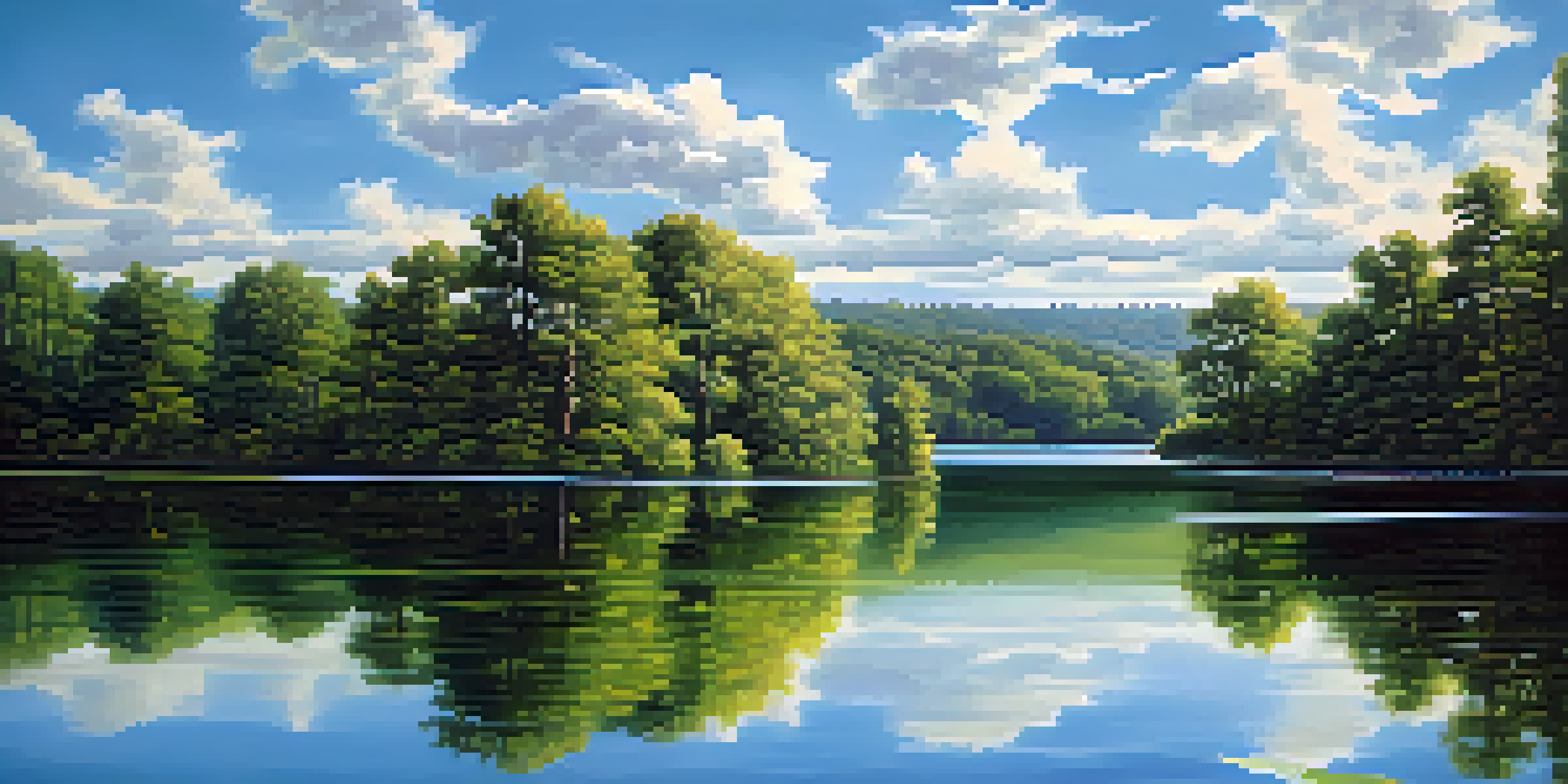 A peaceful landscape with a lake reflecting trees and clouds, surrounded by green forests and a clear blue sky.