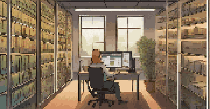 A female digital archivist in a library, analyzing digital preservation data on her computer, surrounded by shelves of digital storage devices.