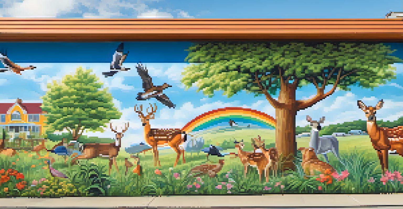 A colorful mural of local wildlife on a suburban building with families in a park on a sunny day.