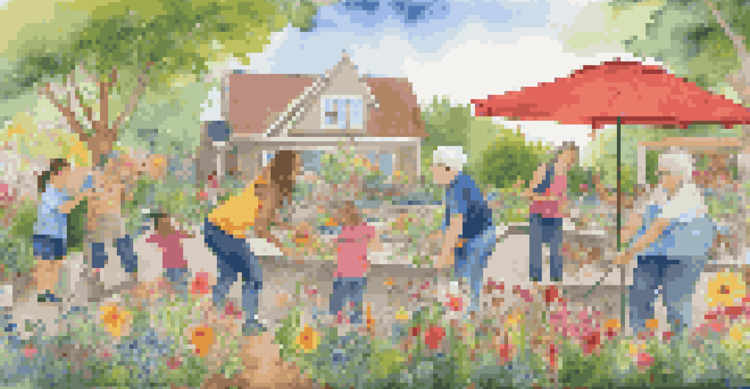 Seniors and children working together on a colorful mural in a garden, representing creativity and collaboration.