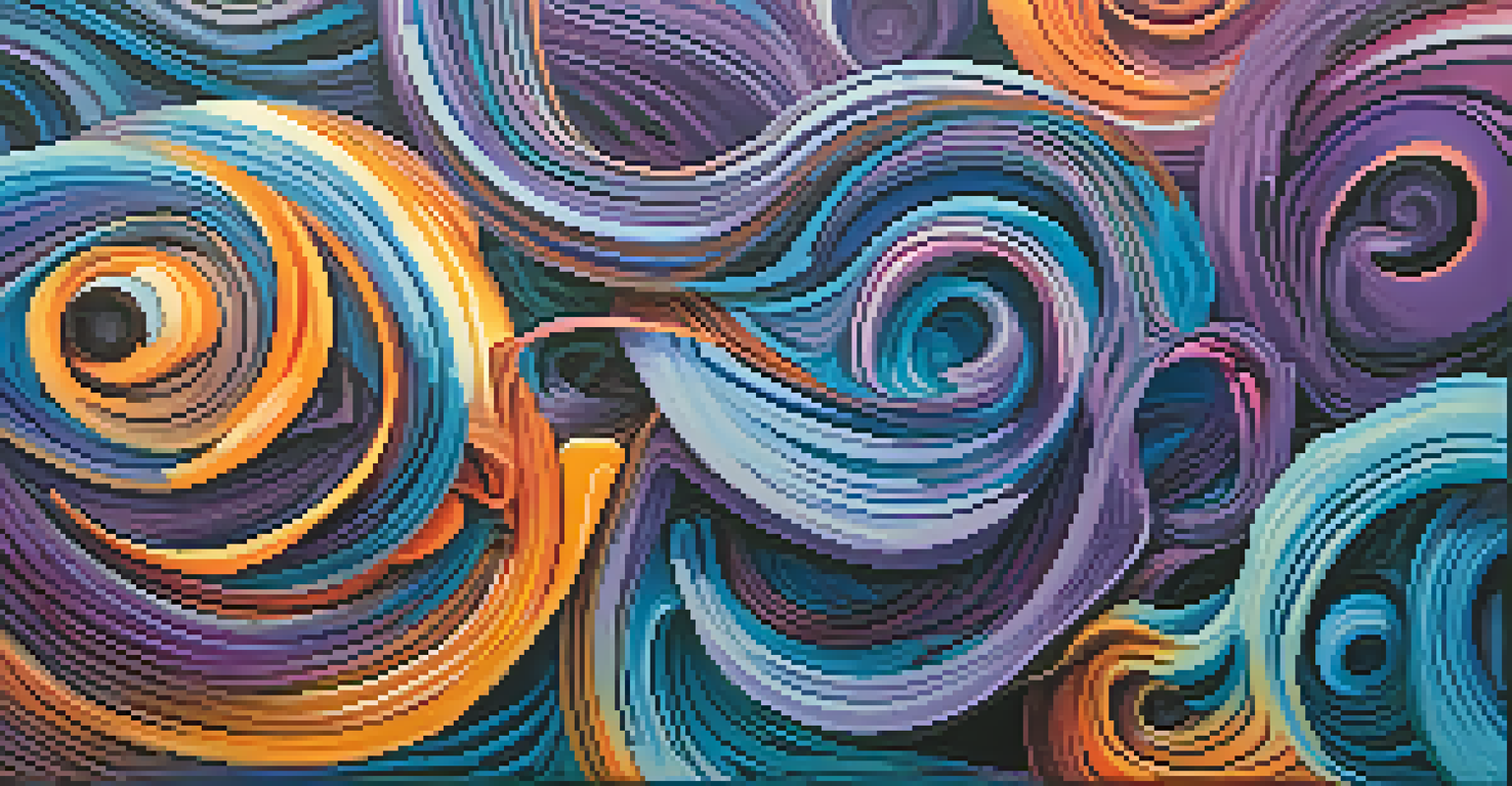 An abstract composition of colorful automatic drawings with swirling lines and shapes on a textured blue and purple background.