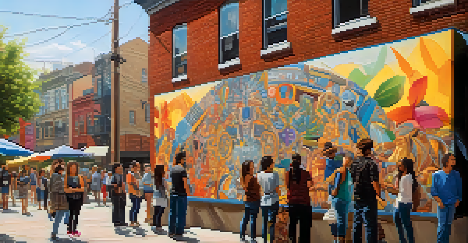 An outdoor art installation featuring a collaborative mural by diverse artists, surrounded by an engaged audience.