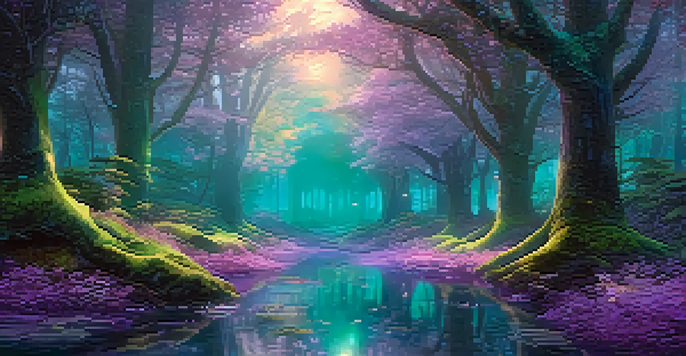 A digital forest with glowing trees and colorful reflections on a pond, creating an immersive experience.