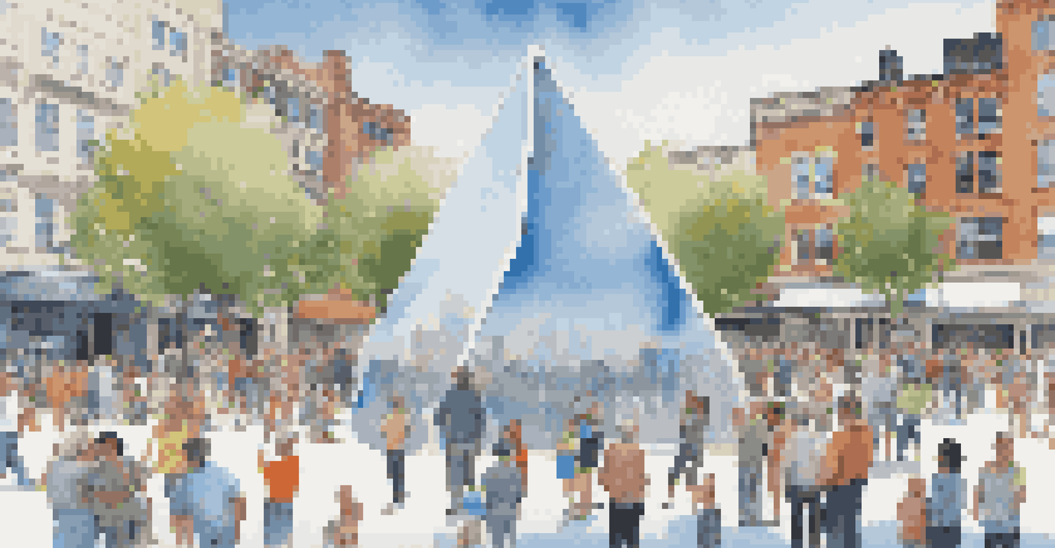A reflective public sculpture in a city square with people interacting and taking photos under a clear blue sky.