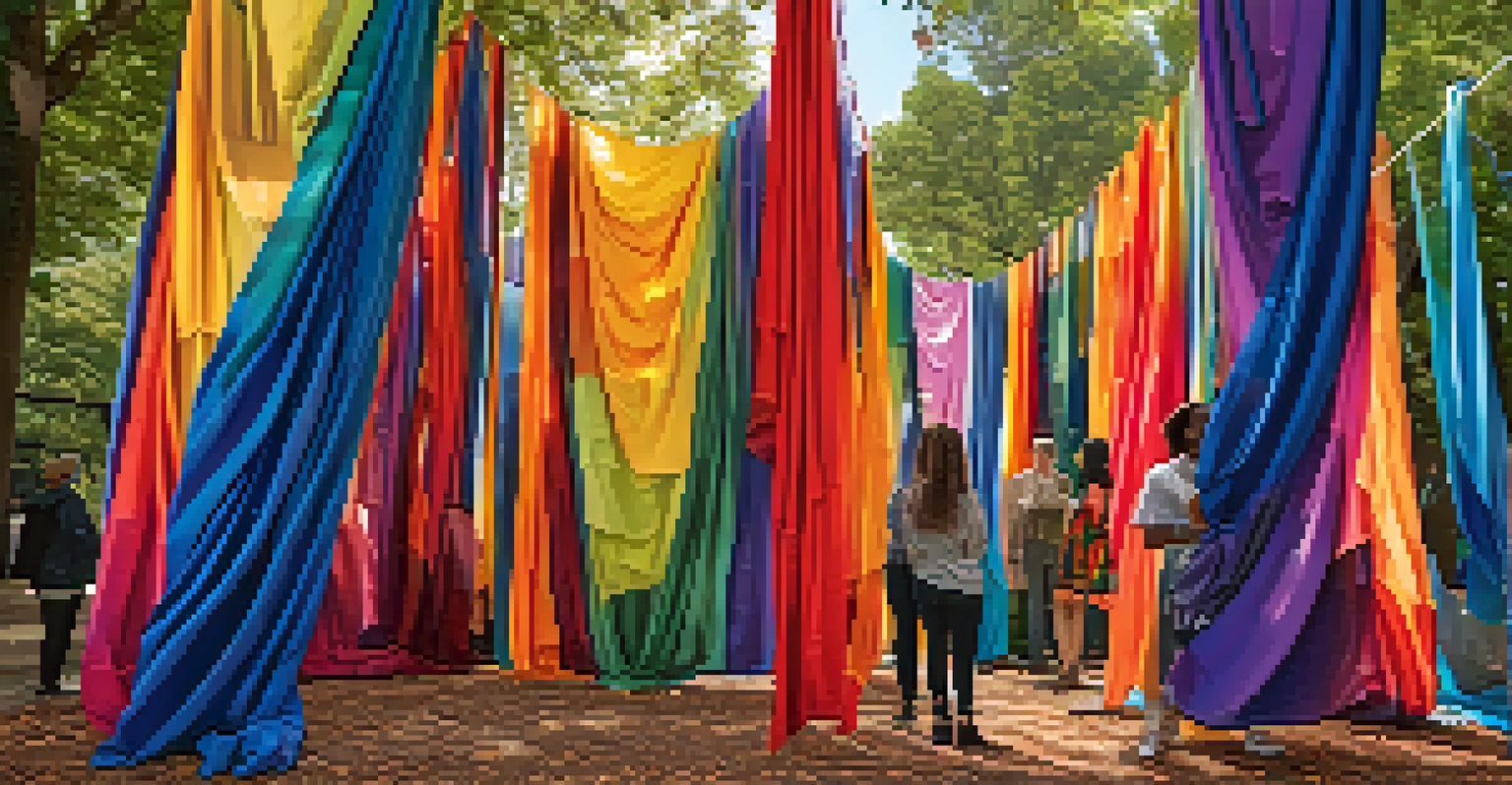 An outdoor art installation made of colorful fabric representing intersectionality, with people engaging and discussing around it.