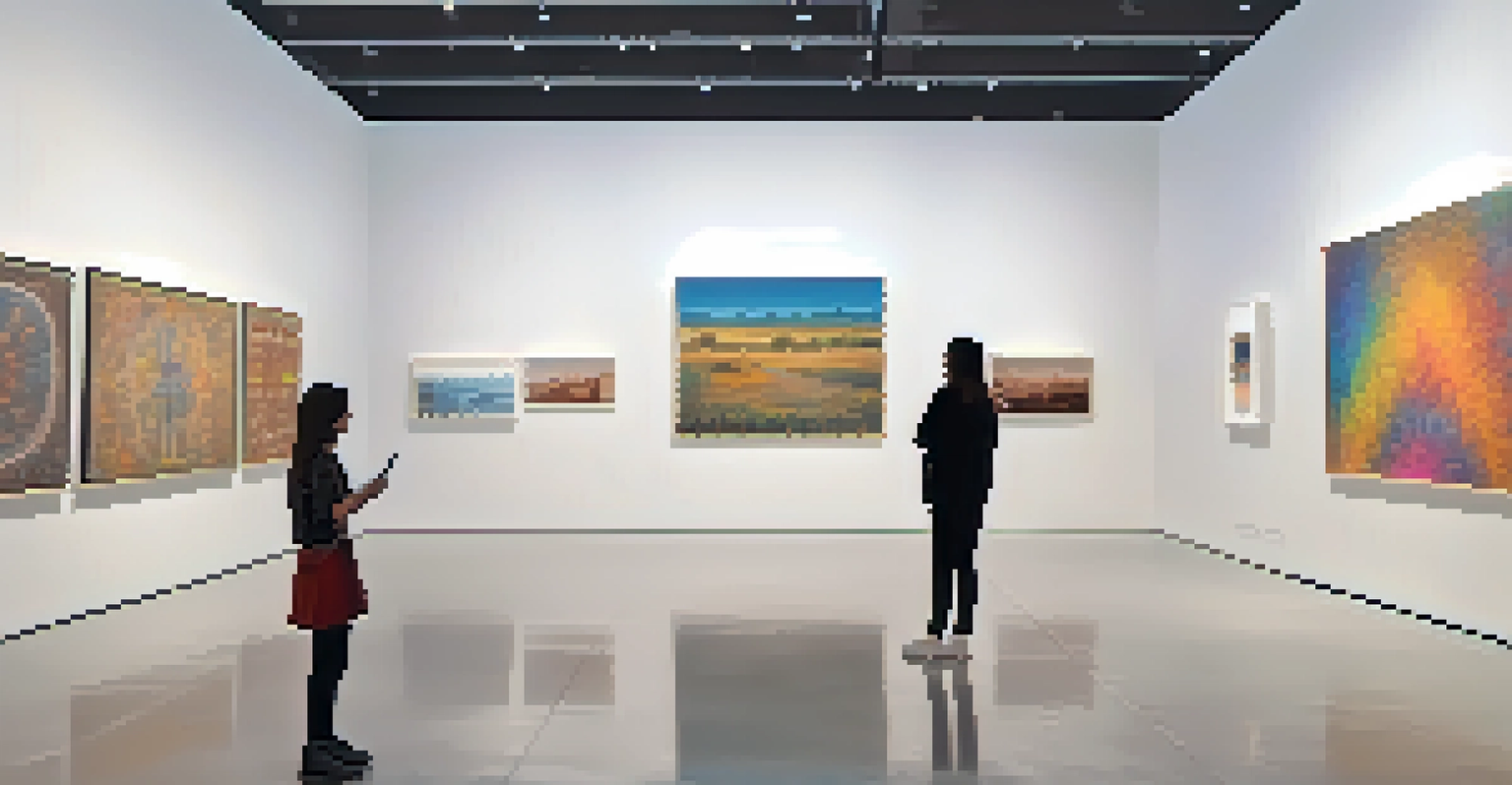 A modern art gallery hosting a virtual exhibition with diverse artworks and engaged visitors.