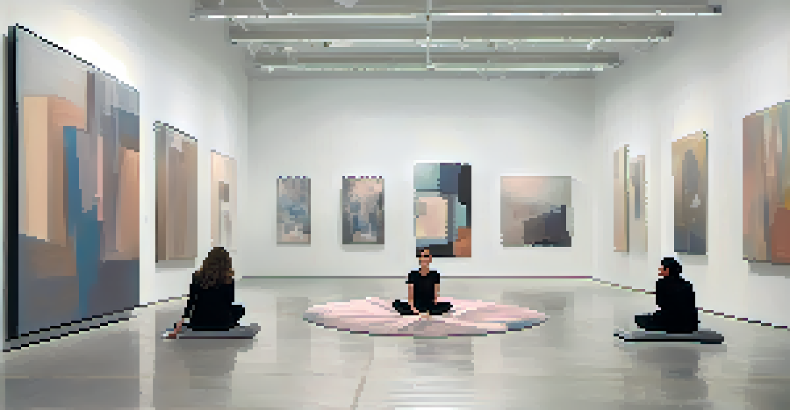 A minimalist feminist performance art scene with an artist surrounded by mirrors in a gallery, featuring soft lighting and abstract wall art.