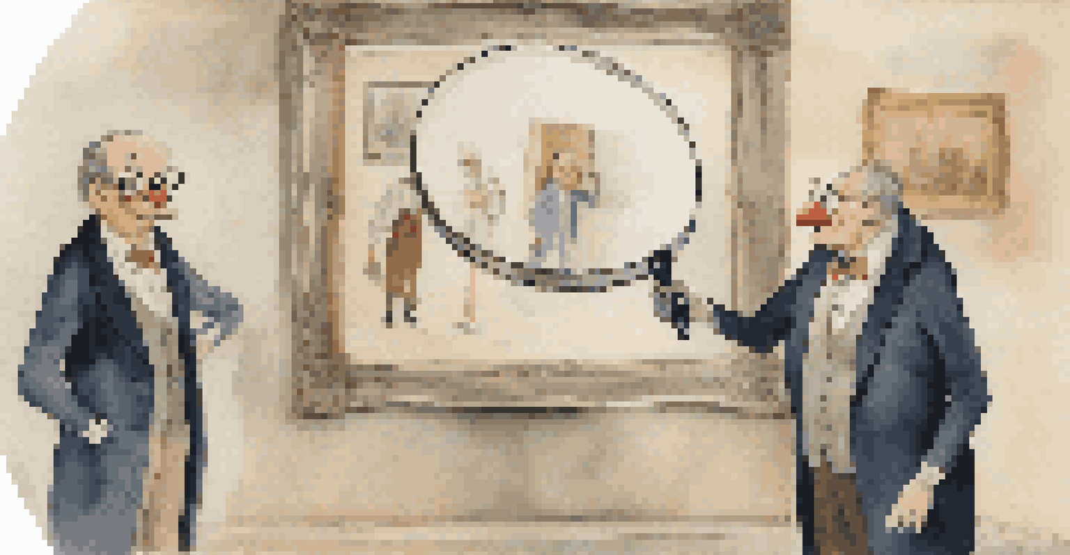 A cartoonish critic in front of a whimsical painting, holding a magnifying glass and smiling, surrounded by amused onlookers in an art gallery.