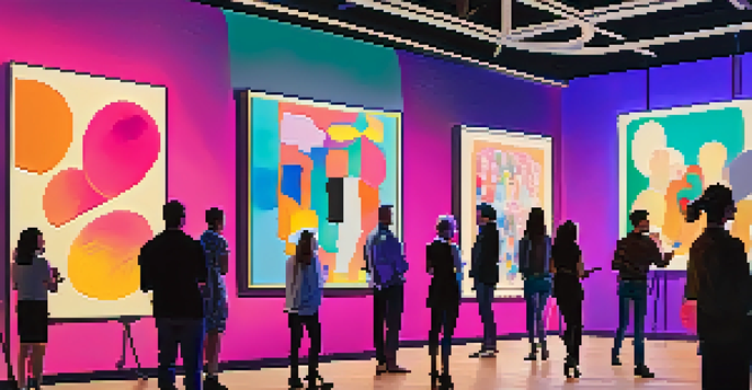 A lively online art auction with diverse participants engaged with digital screens, warm lighting, and colorful abstract art in the background.