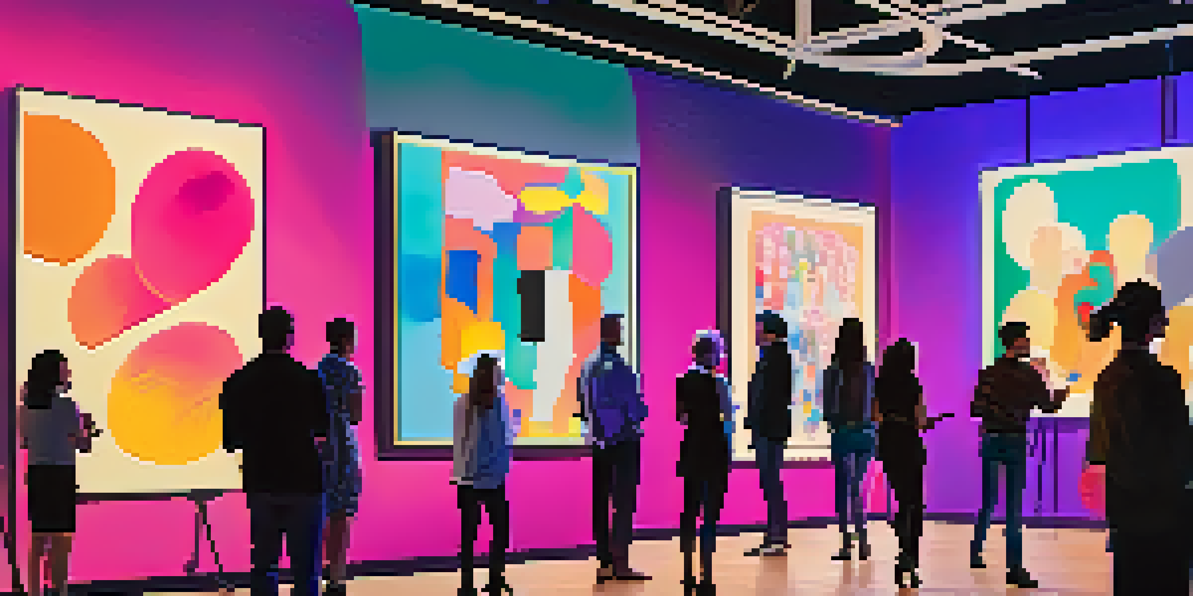 A lively online art auction with diverse participants engaged with digital screens, warm lighting, and colorful abstract art in the background.