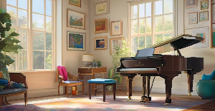 A serene music therapy room with cushions, a grand piano, musical instruments, and soothing artwork.