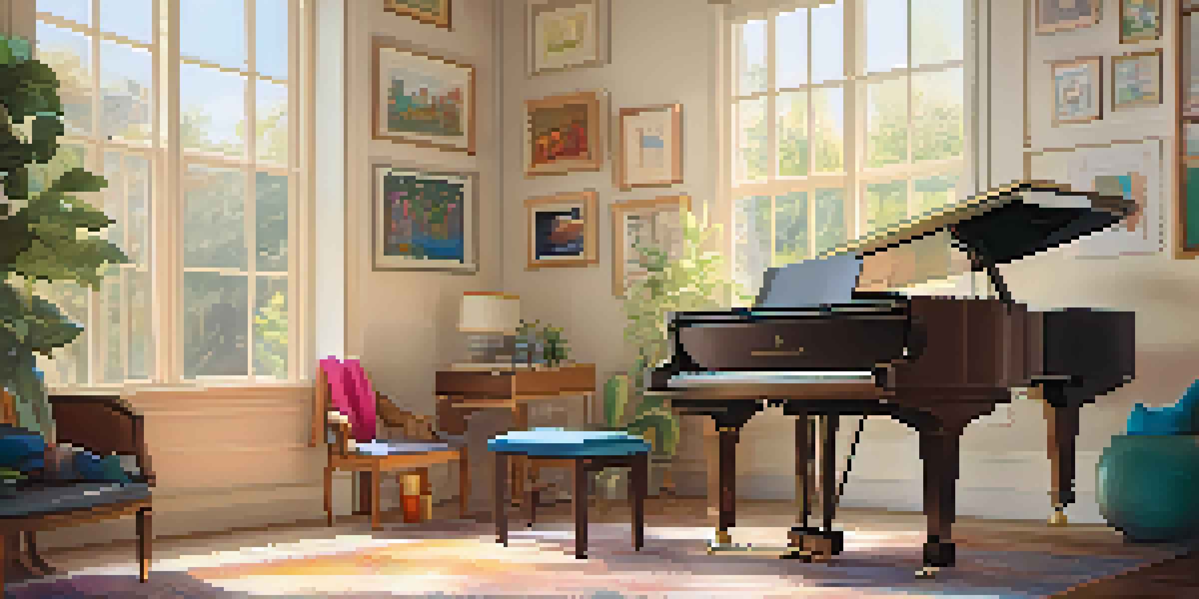 A serene music therapy room with cushions, a grand piano, musical instruments, and soothing artwork.