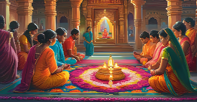 A tranquil Hindu worship ceremony in a decorated temple with colorful floor art, oil lamps, and people in traditional clothing participating in prayer.