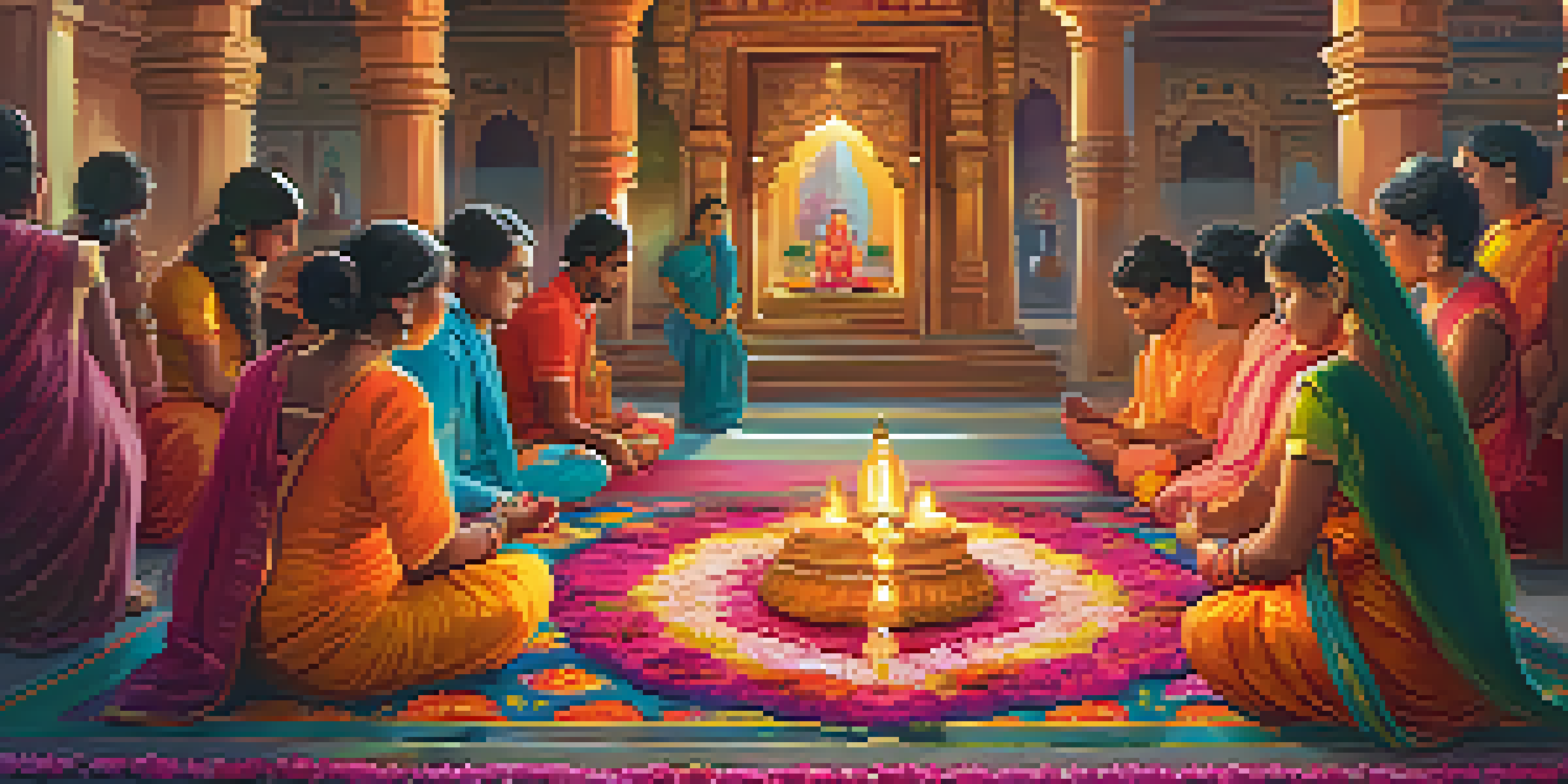 A tranquil Hindu worship ceremony in a decorated temple with colorful floor art, oil lamps, and people in traditional clothing participating in prayer.