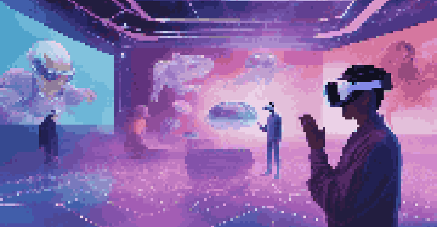 A person wearing VR goggles interacting with holographic storytelling elements in a futuristic environment.